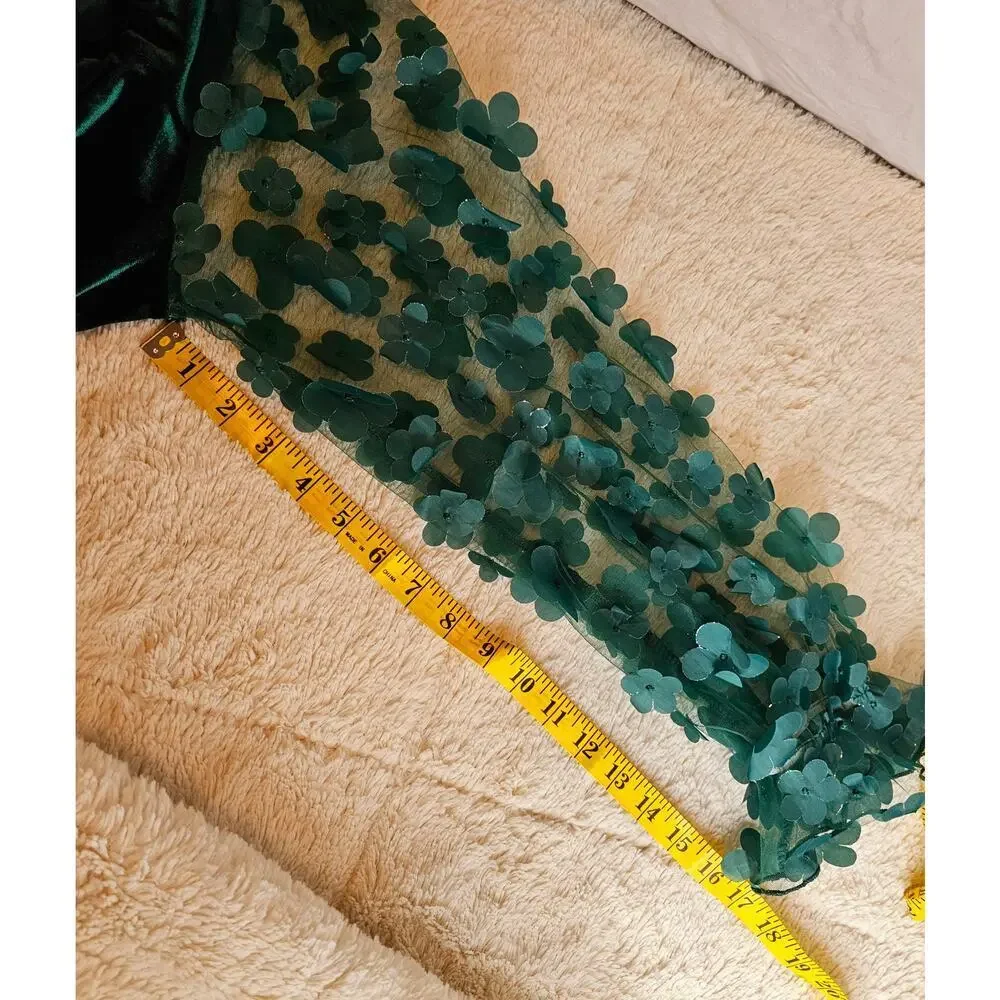 Velvet Holiday Maxi‎ L Dress Forest Green. 3D sheer floral Sleeve. Events Party